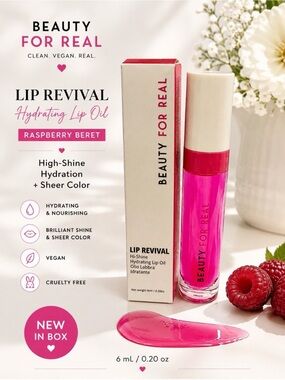 Beauty For Real Lip Revival Hydrating Lip Oil — Raspberry Beret (Pink) NIB